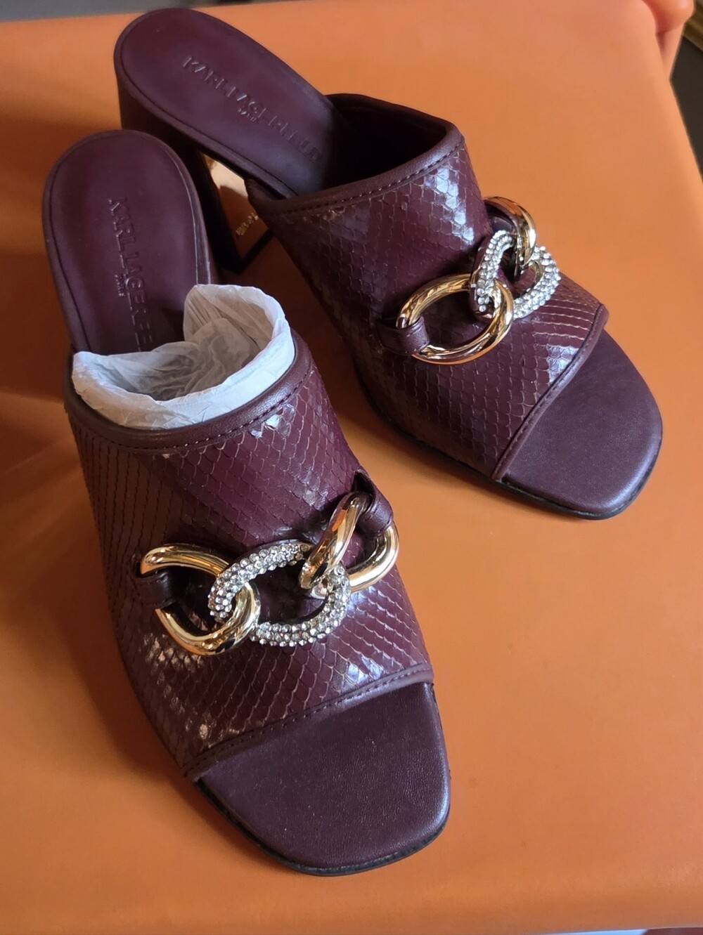 KARL LAGERFELD Paris Shayla Mules Andorra Brown Snake Print Chain Sandals 8.5 M